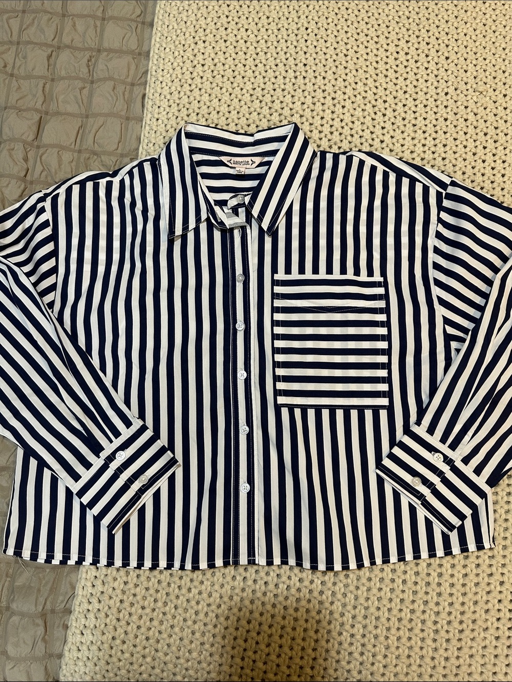 Nanette Lepore Cropped Navy & White Vertical Stripe Button-Down Shirt